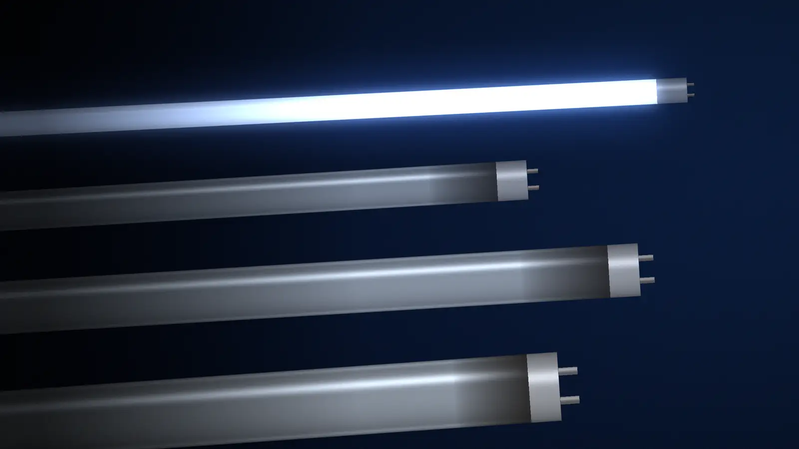 Four spent T8 fluorescent tube ends with their bi-pin caps, the glass darkened near each cap